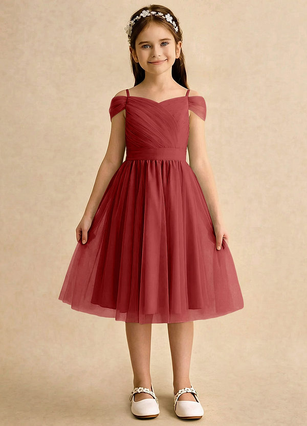 Azazie Lila Girls Formal Sukienki dla dziewczynek sypiących kwiaty Linia A Zza ramienia Tiul Długość do kolan Sukienka image1