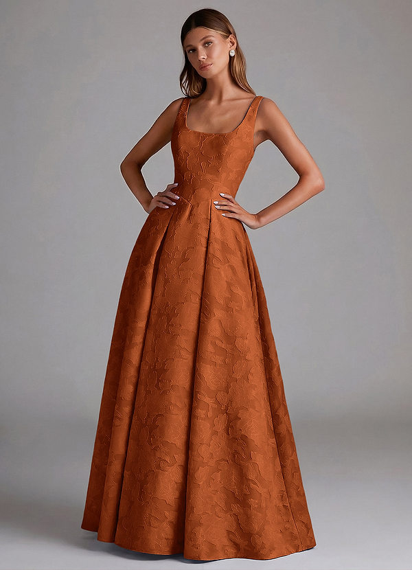 Azazie Amalie Bridesmaid Dresses Burnt Orange A-Line Pleated Floral Burnout Dress image1