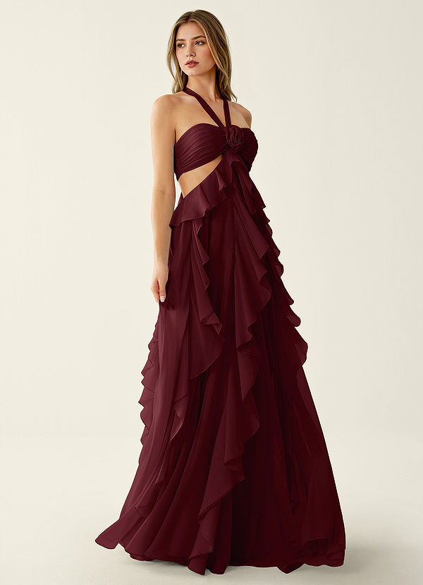 Gelsomina Wine Chiffon 3D Flowers Ruffled A-line Prom Dress image1