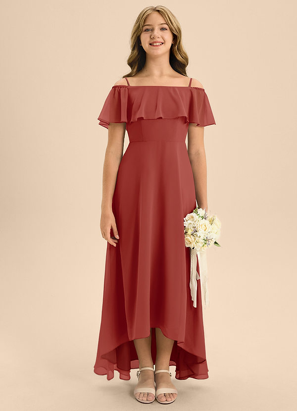 Azazie Maggie Junior Terracotta A-Line Off the Shoulder Chiffon Dress image1