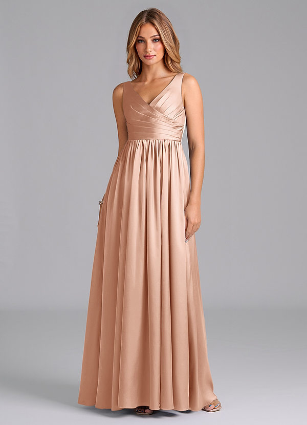 Azazie Keyla Bridesmaid Dresses Rose Gold A-Line Pleated Stretch Satin Dress image1