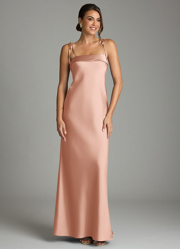 Azazie Ellia Vestidos Dama de Honor Vestido de Oro Rosa de Satén Elástico de Corte Recto con Lazo image1