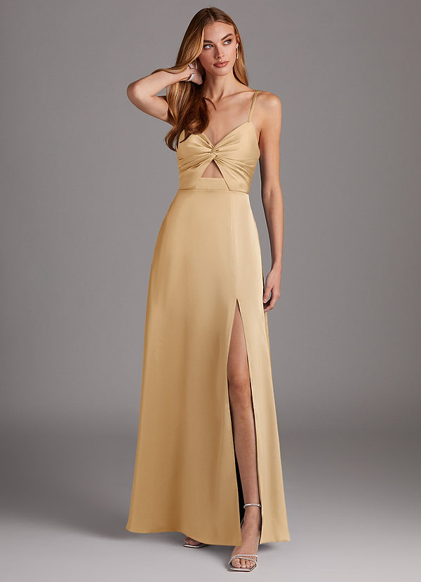 Azazie Jenna Robes Demoiselle d'honneur Robe Trapèze en Satin extensible Plissée Or image1