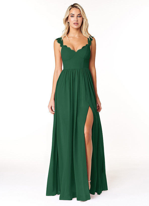 Azazie Cleobella Robes Demoiselle d'honneur Robe Trapèze en Mousseline de soie Dentelle en forme de cœur Vert Foncé image1