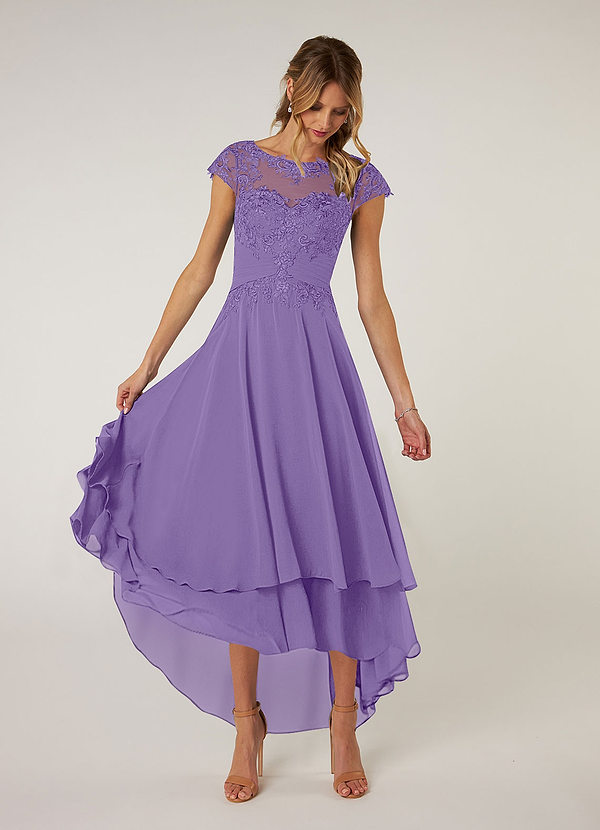 Azazie Shonda Mother of the Bride Dresses Boatneck Pleated Lace Chiffon Asymmetrical Dress image1