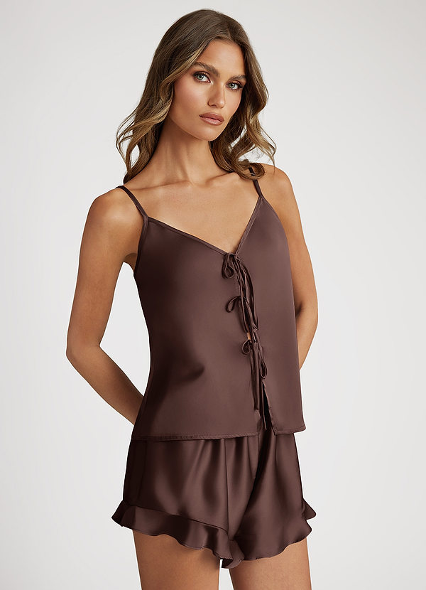 front Ganache Pyjamaset van satijnen topje en short met strikjes