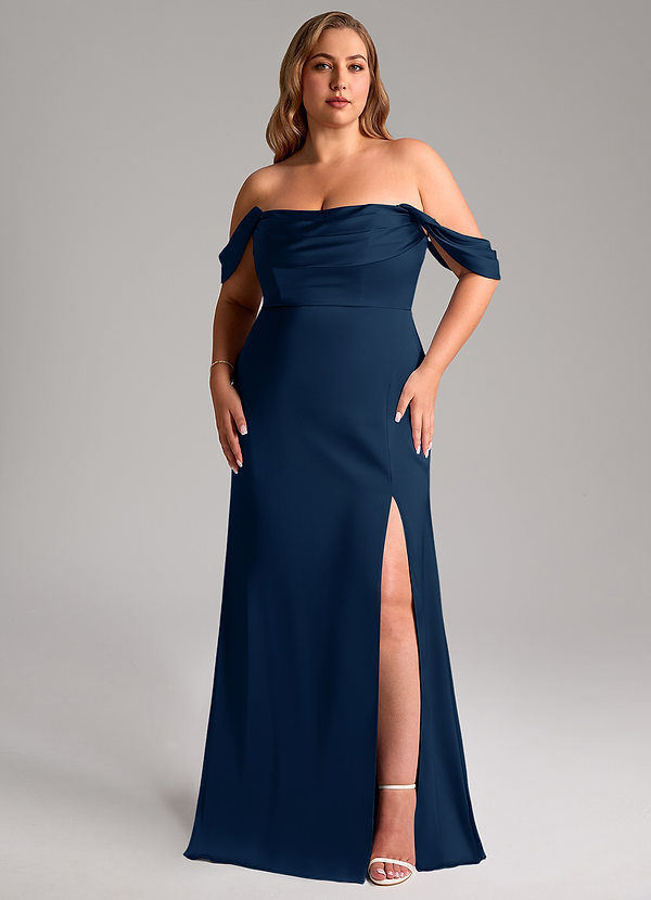 Azazie Saige Bridesmaid Dresses Dark Navy Sheath Off the Shoulder Stretch Satin Dress image1