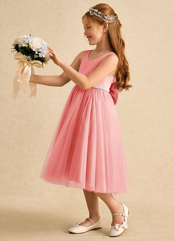 Azazie Firefly Vestidos de Niña de Flores Vestido de Coral de Satin Mate de Corte En A con Lazo image1