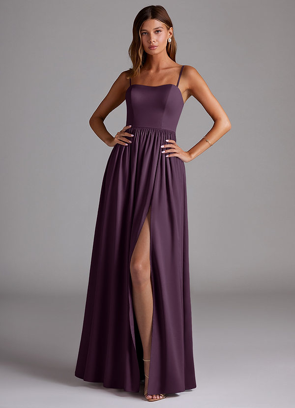Azazie Calianna Bridesmaid Dresses Plum A-Line Off the Shoulder Stretch Satin Convertible Dress image1