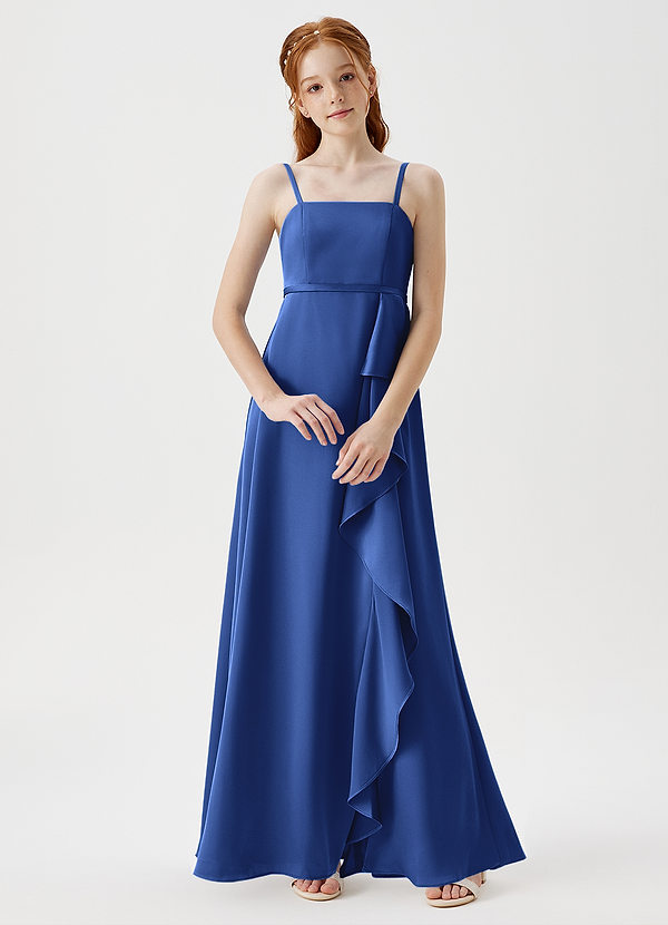 Azazie Kaylee Junior Robe Trapèze en Satin extensible avec ceinture Bleu Roi image1