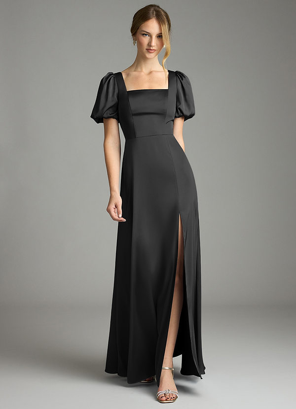 Azazie Fyona Bridesmaid Dresses Black A-Line Pleated Stretch Satin Dress image1