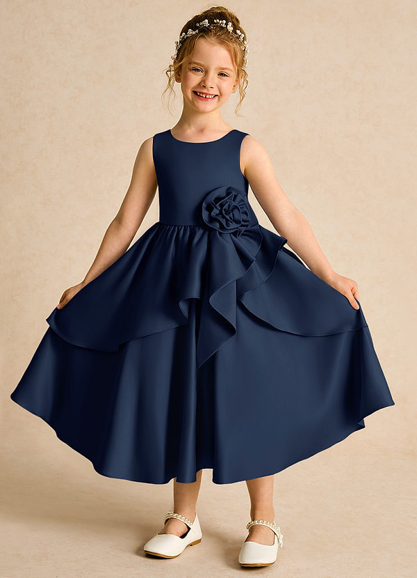 Azazie Hermia Robes de Fillette d'Honneur Robe Trapèze en Mat Satiné Sans manches Bleu Marine Foncé image1