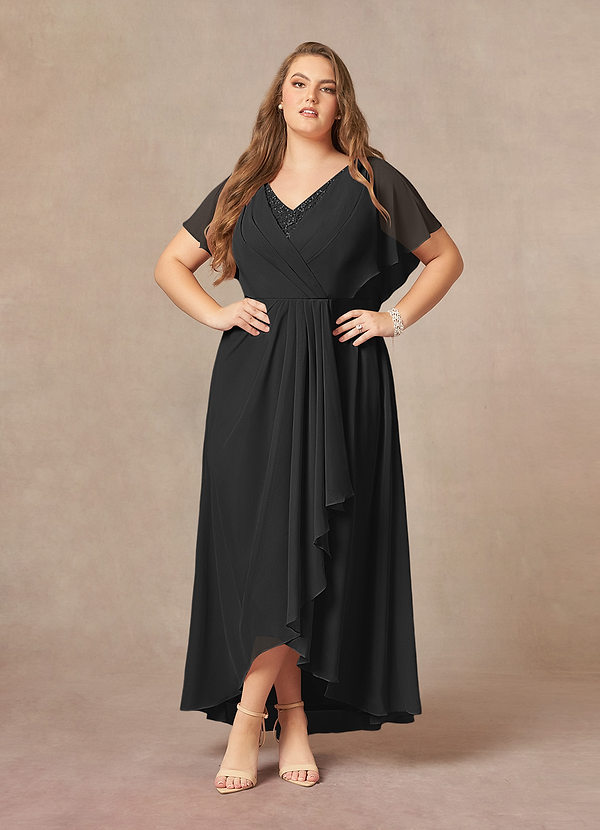 Azazie Eliza Mother of the Brides Dresses Black A-Line V-Neck Pleated Chiffon Dress image1