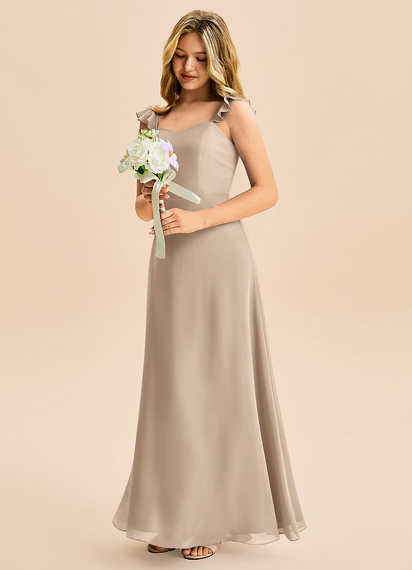 Azazie Mavie Junior Abito A-Line in Chiffon Increspato Taupe image1