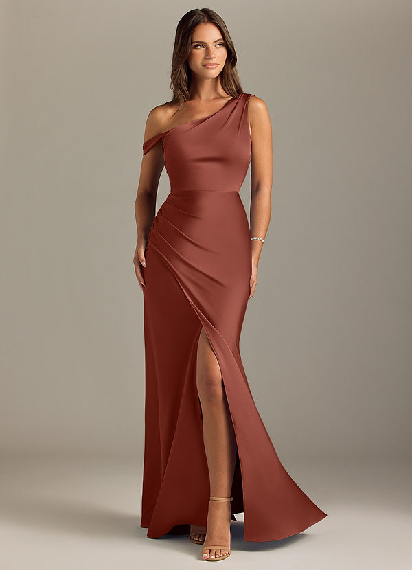 Azazie Madelyn Bridesmaid Dresses Auburn Mermaid Off the Shoulder Stretch Satin Convertible Dress image1