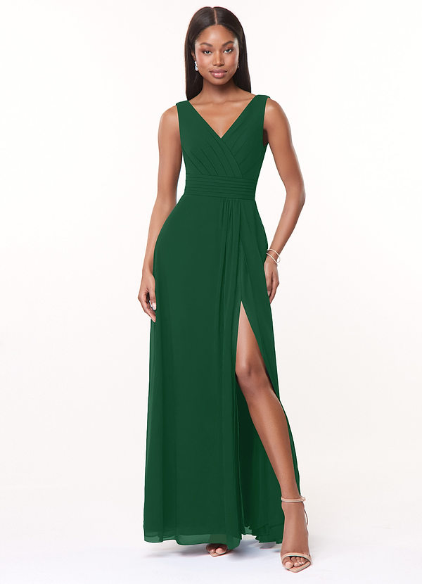 Azazie Karina Bridesmaid Dresses Dark Green A-Line Pleated Chiffon Dress image1