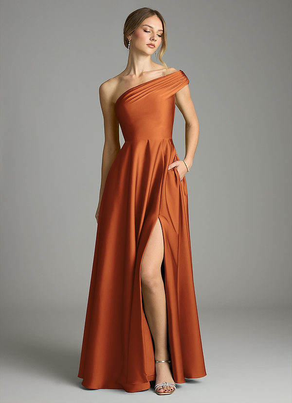 Azazie Melanie Suknie dla druhen Linia A Zza ramienia Satyna elastyczna Do ziemi Sukienka image1