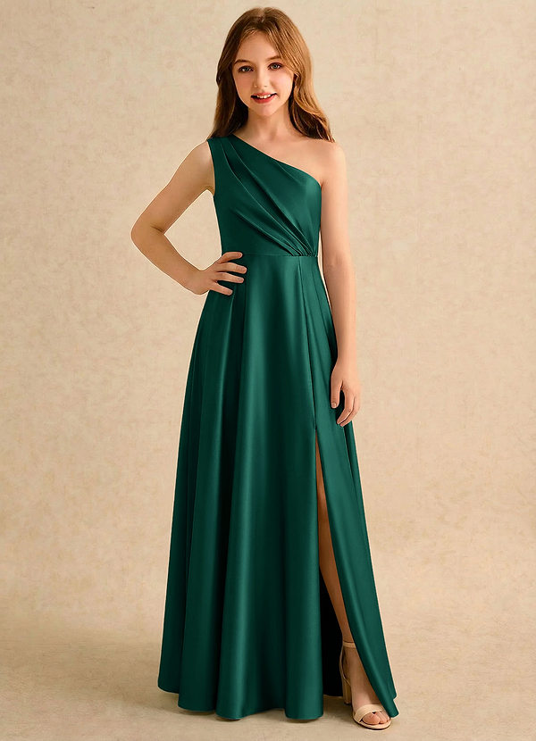Azazie Puddles Girls Formal Robes de Fillette d'Honneur Robe Trapèze en Satin extensible Une épaule émeraude image1