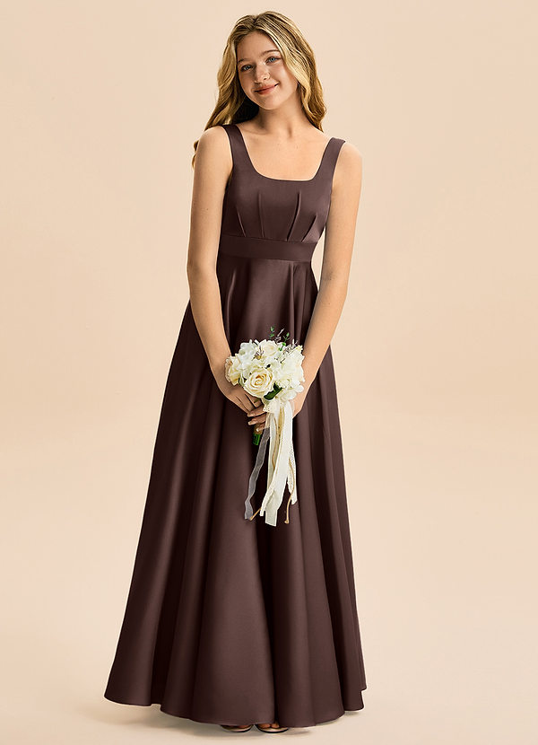 Azazie Gabby Junior Jurk van Stretch Satijn met A-Lijn Geplooid Ganache image1