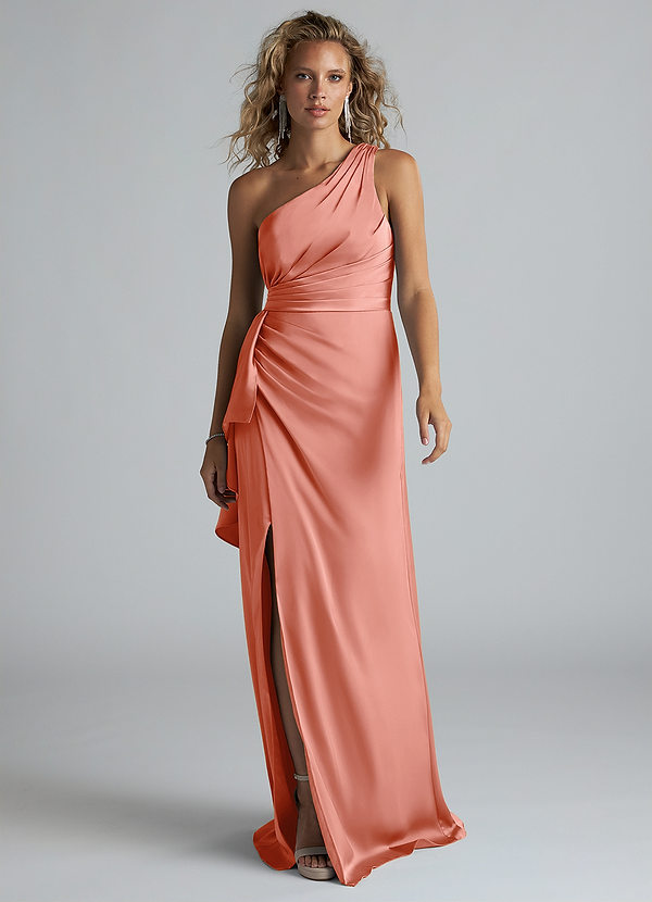 Azazie Maive Robes Demoiselle d'honneur Robe Fourreau en Satin extensible Rayé Corail image1