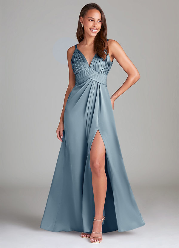Azazie Maren Allure Bridesmaid Dresses Dusty Blue A-Line Lace Stretch Satin Dress image1