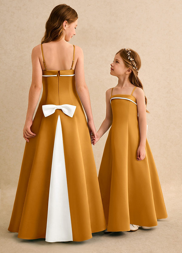 Azazie Izel Girls Formal Vestidos de Niña de Flores Vestido de Marfil Caramelo de Satin Mate de Corte en A con Plisado image1