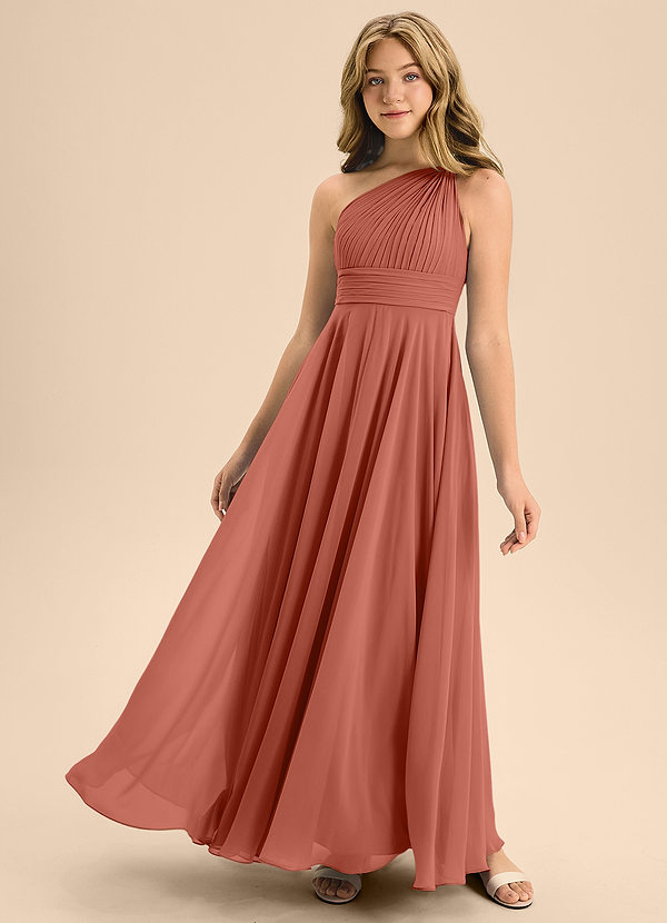 Azazie Charlize Junior A-Linie Plissee Chiffon Kleid Lehm image1
