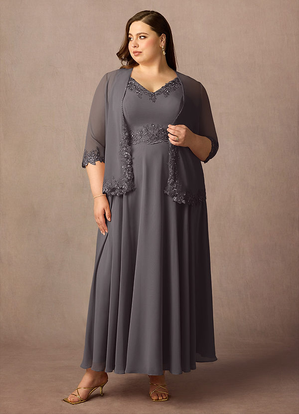 Azazie Devana Robe Mère de la Mariée & du Marié Robe Trapèze en Mousseline de soie Paillettes Gris Acier image1