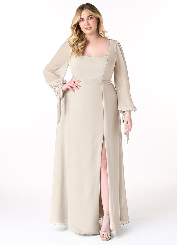 Azazie Leonia Brautjungfernkleider A-Linie Langarm Chiffon Kleid Alabaster Weiß image1