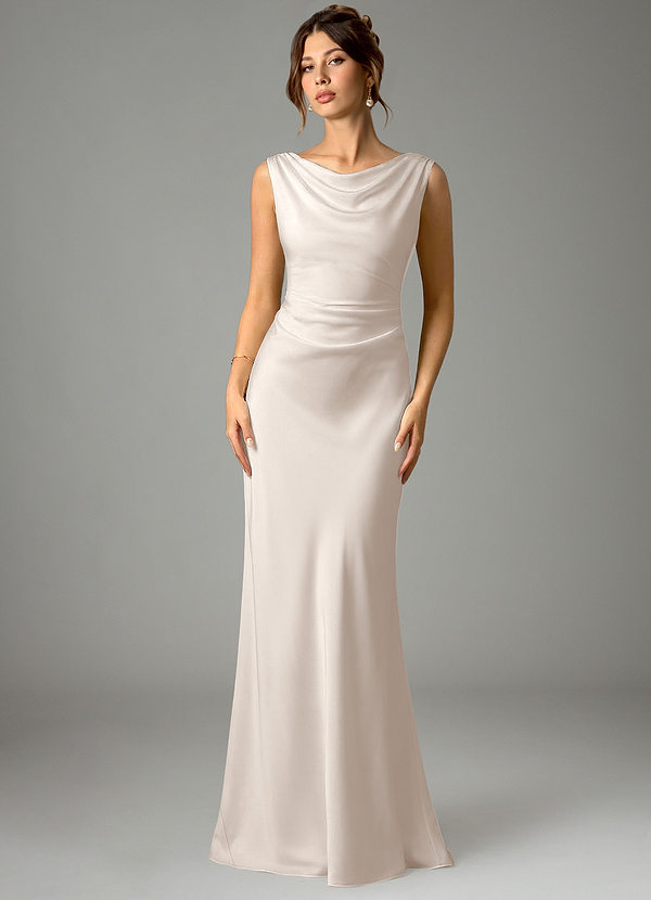 Azazie Kieryn Robes de demoiselle d'honneur Robe Sirène en Satin extensible Plissé Albâtre Blanc image1