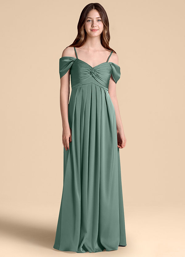 Azazie Kaitlynn Junior Jurk van Stretch Satijn met A-Lijn Off the Shoulder Eucalyptus image1