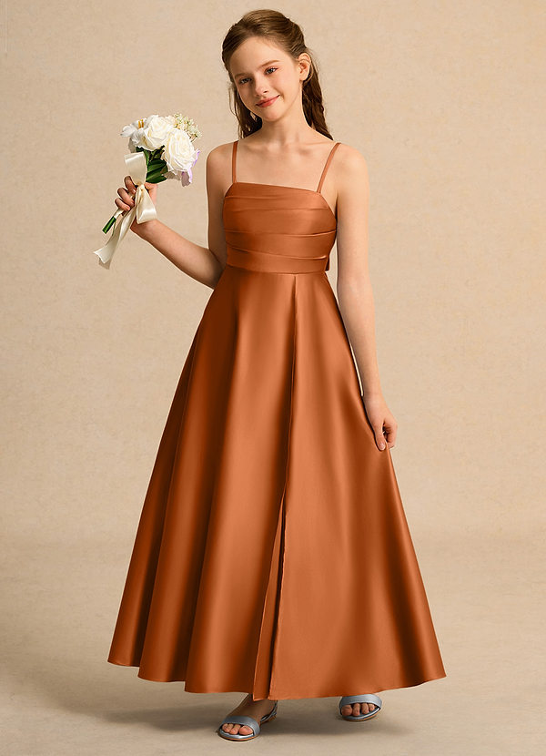 Azazie Pebbles Girls Formal Flower Girl Dresses Copper A-Line Pleated Matte Satin Dress image1