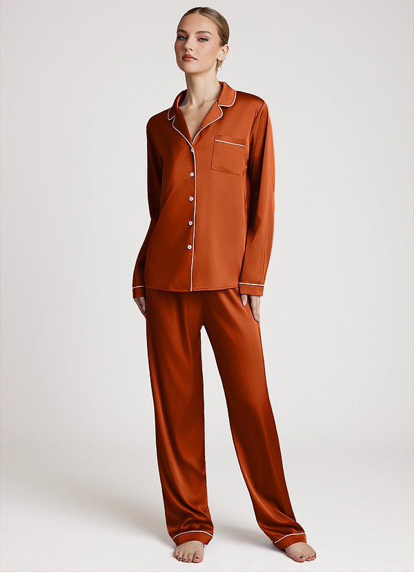 front Burnt Orange Long Sleeves and Pants Satin PJ Set