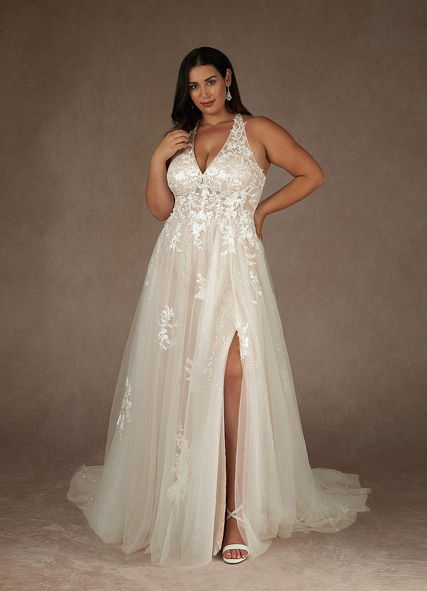 Azazie Dysis Wedding Dresses A-Line Halter Sequins Tulle Chapel Train Dress image1
