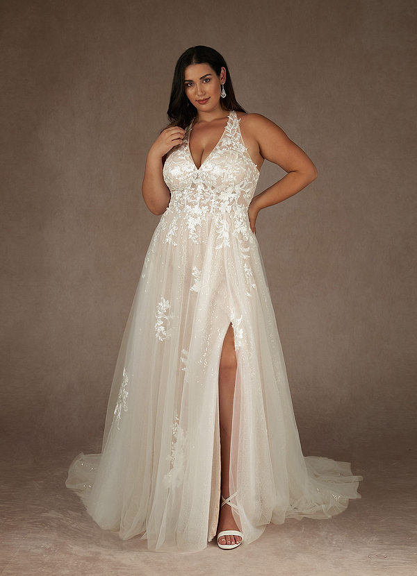 Azazie Dysis Wedding Dresses Diamond White Champagne A-Line Halter Sequins Tulle Dress image1