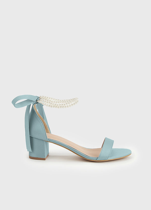 front Matching Color Matte Satin Pearl and Bow Open Toe Chunky Heel Sandals