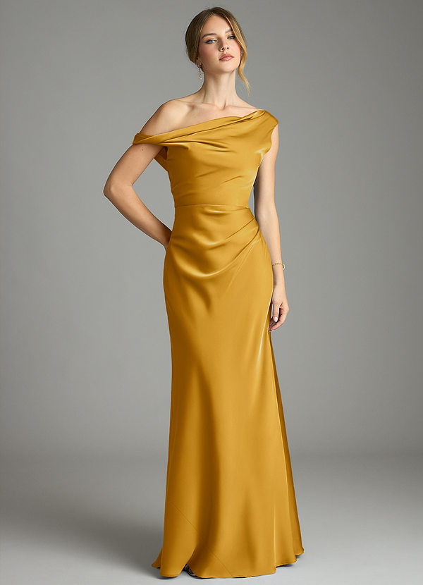 Azazie Emerson Brautjungfernkleider Meerjungfrau-Linie Schulterfrei Stretch-Satin Kleid Butterscotch image1