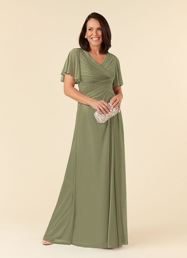 Azazie Emmeline Mother of the Brides Dresses Pistachio A-Line V-Neck Pleated Mesh Dress image1