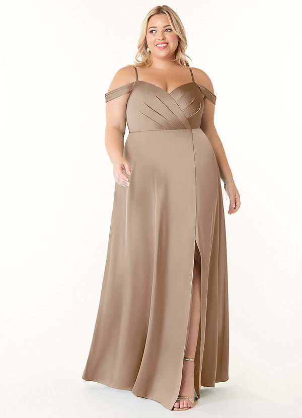 Azazie Ocean Robes Demoiselle d'honneur Robe Trapèze en Satin extensible Col V plissé Taupe image1