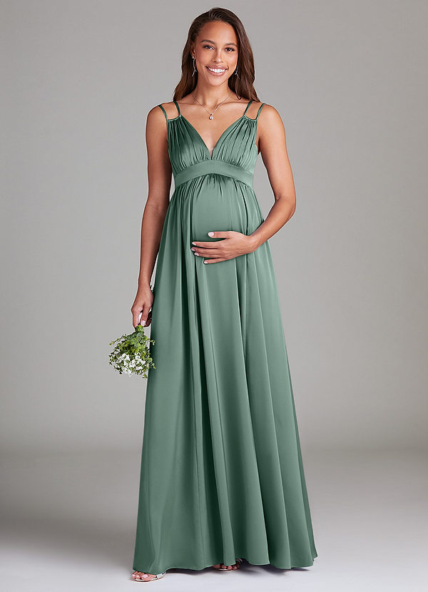 Azazie Emree Brautjungfernkleider für Schwangere A-Linie mit Taschen Stretch-Satin Bodenlänge Kleid image1