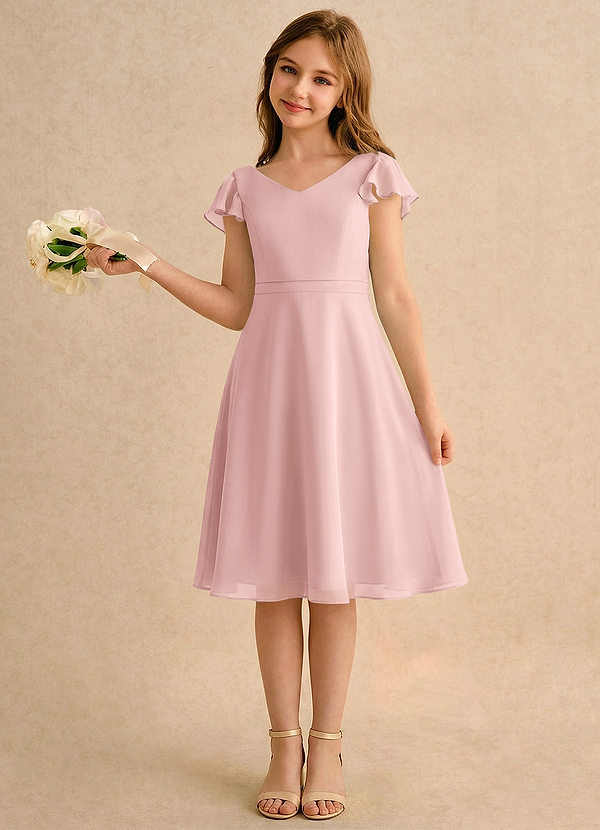 Azazie Narin Girls Formal Robes de Fillette d'Honneur Robe Trapèze en Mousseline de soie avec manches Rose Poudré image1