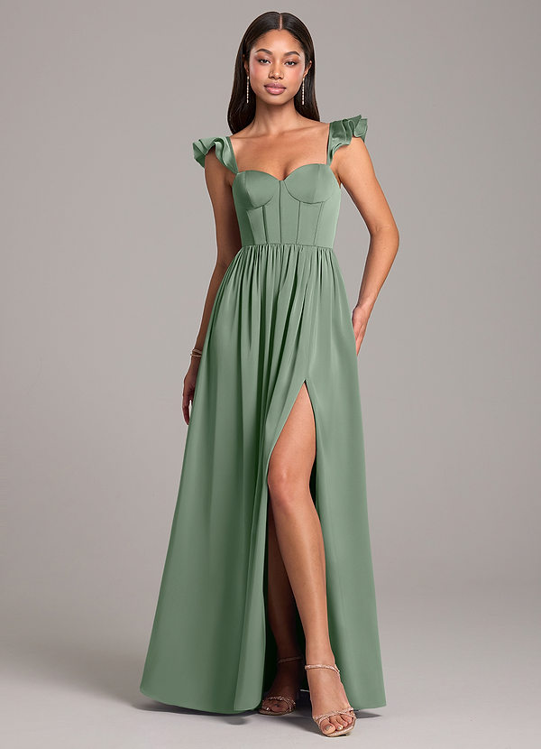 Azazie Denisse Bridesmaid Dresses Matcha A-Line Ruched Stretch Satin Dress image1