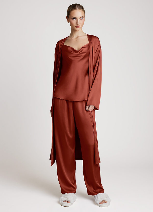 front Terracotta Satin Long Sleeves 3-Piece Loungewear Set