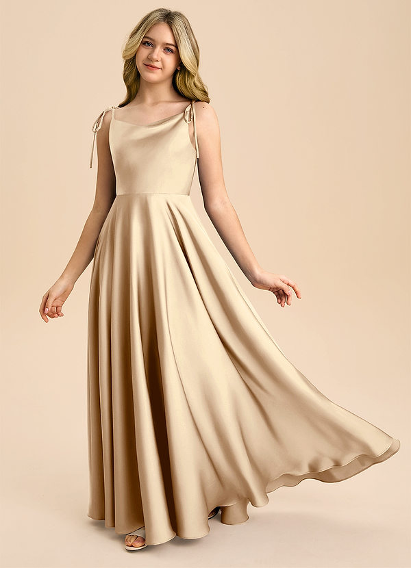 Azazie Popsy Junior A-Linie Schleifen Stretch-Satin Kleid Champagner image1