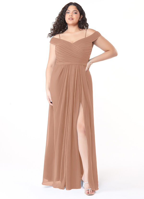 Azazie Audrianna Bridesmaid Dresses Champagne Rose A-Line Off-The-Shoulder Gathered Chiffon Convertible Dress image1