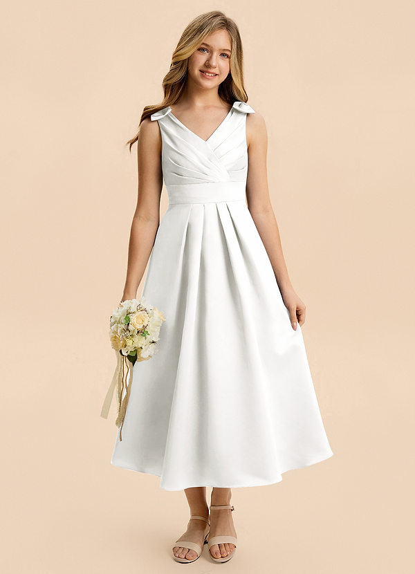 Azazie Polly Junior Ivory A-Line Pleated Stretch Satin Dress image1