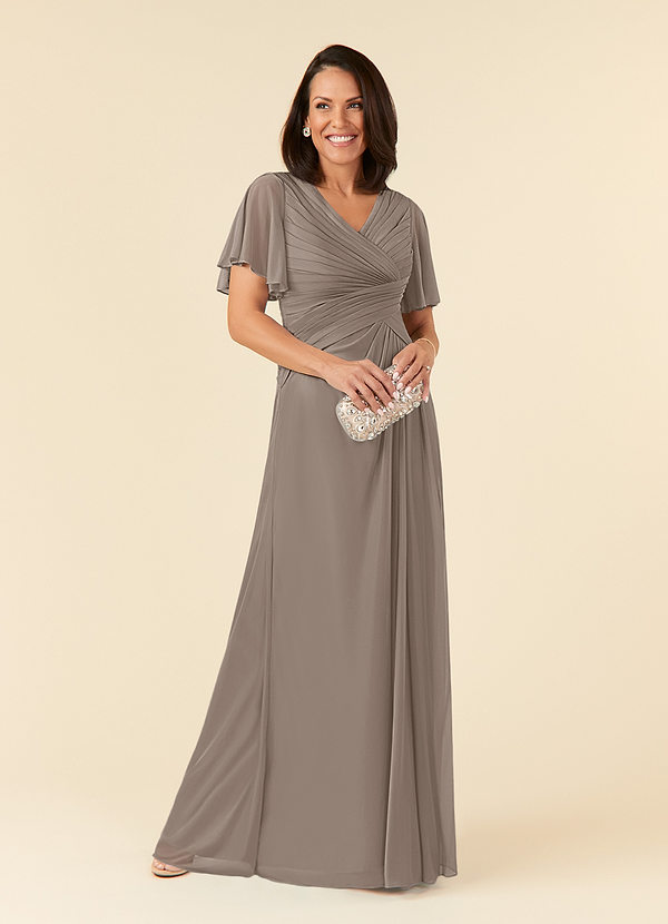 Azazie Emmeline Robe Mère de la Mariée & du Marié Robe Trapèze en Maille Col V plissé Taupe image1