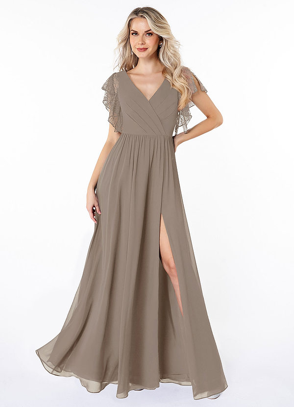 Azazie Zella Bridesmaid Dresses Taupe A-Line Lace Chiffon Dress image1