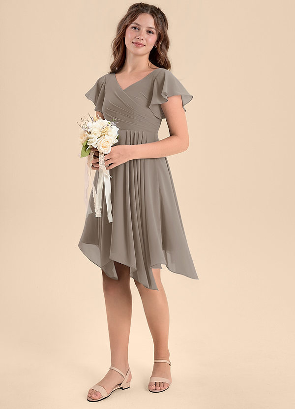 Azazie Janeaurelia Junior Abito A-Line in Chiffon Plissettato Taupe image1