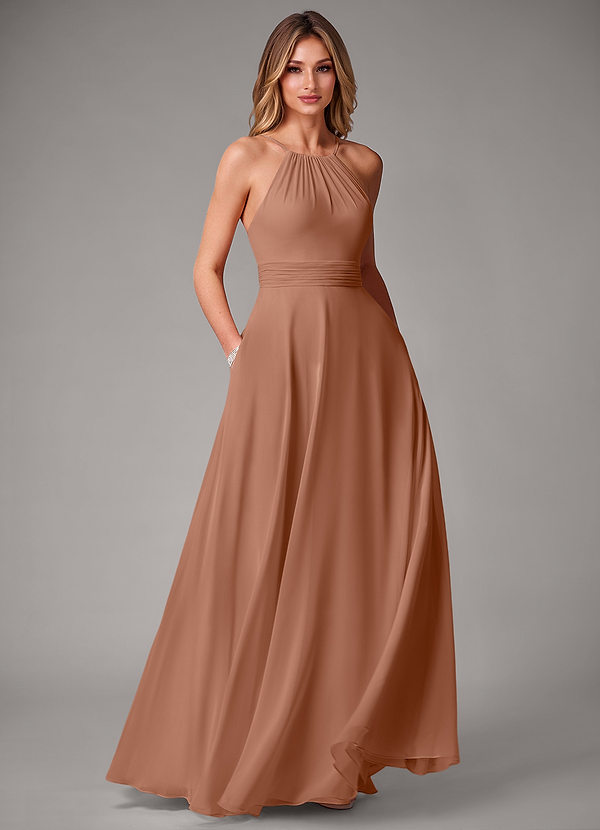 Azazie Amalia Robes de demoiselle d'honneur Robe Trapèze en Mousseline de soie Plissé Bronze image1